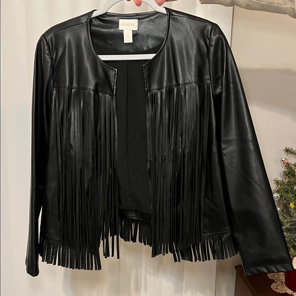 Chico's Jackets & Blazers - Sleek Chico’s Black Faux Leather Fringe Open Front Long Sleeve Jacket